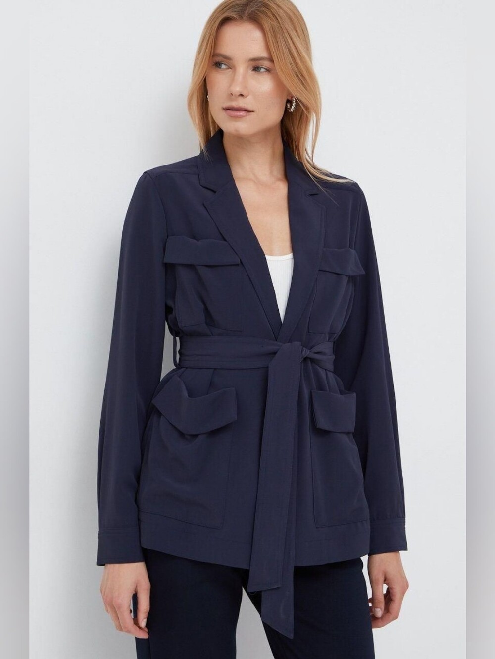 DKNY NAVY BELTED NOTCH-COLLAR BLAZER SIZE S